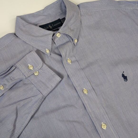 Polo‎ Ralph Lauren Long Sleeve Shirt Yarmouth Mens 16.5 32/33 Blue Stripe - Picture 1 of 7